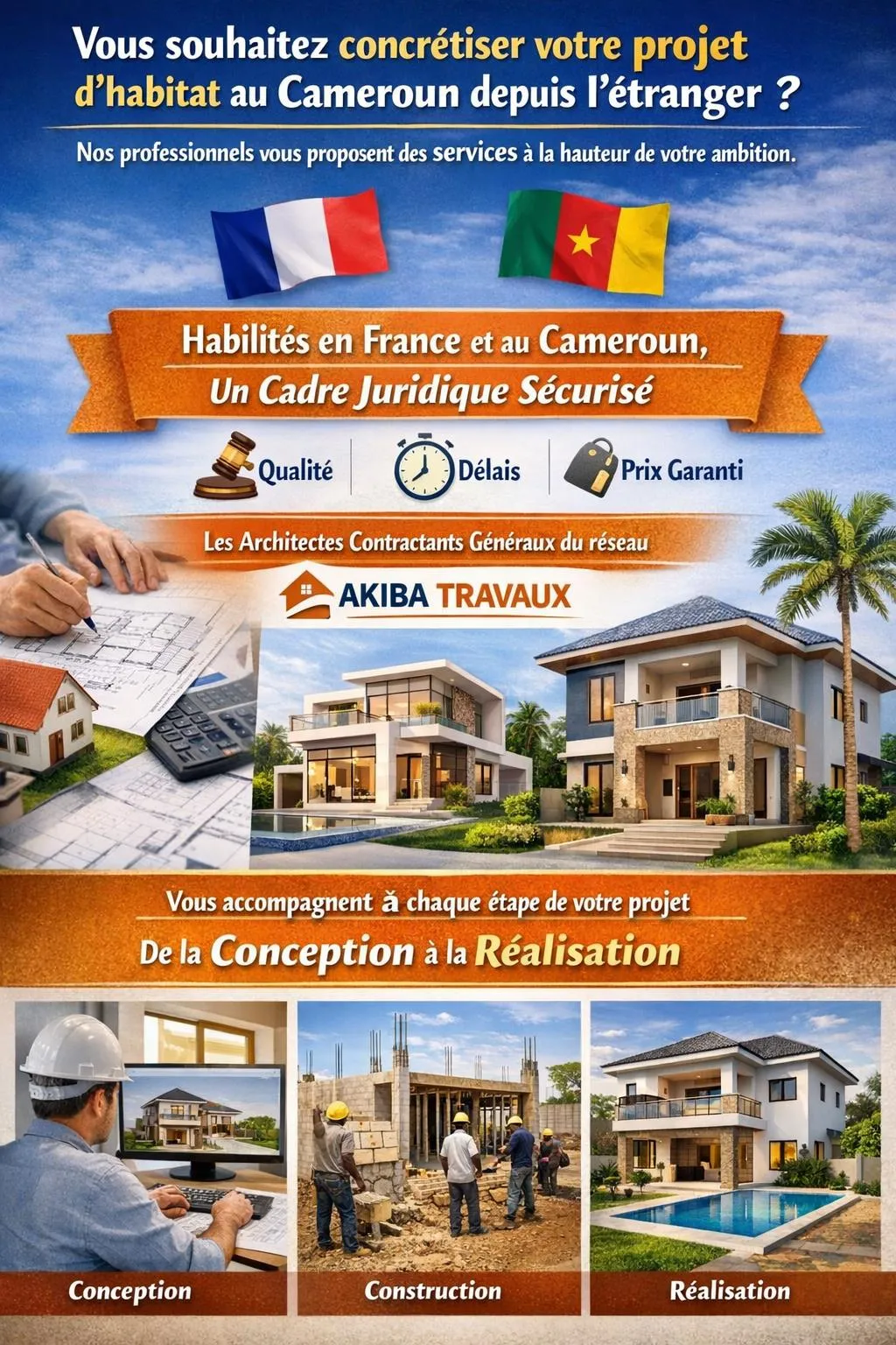AKIBA-TRAVAUX — Concrétisez votre projet d'habitat au Cameroun depuis l'étranger. Habilités en France et au Cameroun, un cadre juridique sécurisé : qualité, délais et prix garanti. Les architectes contractants généraux du réseau vous accompagnent de la conception à la réalisation.