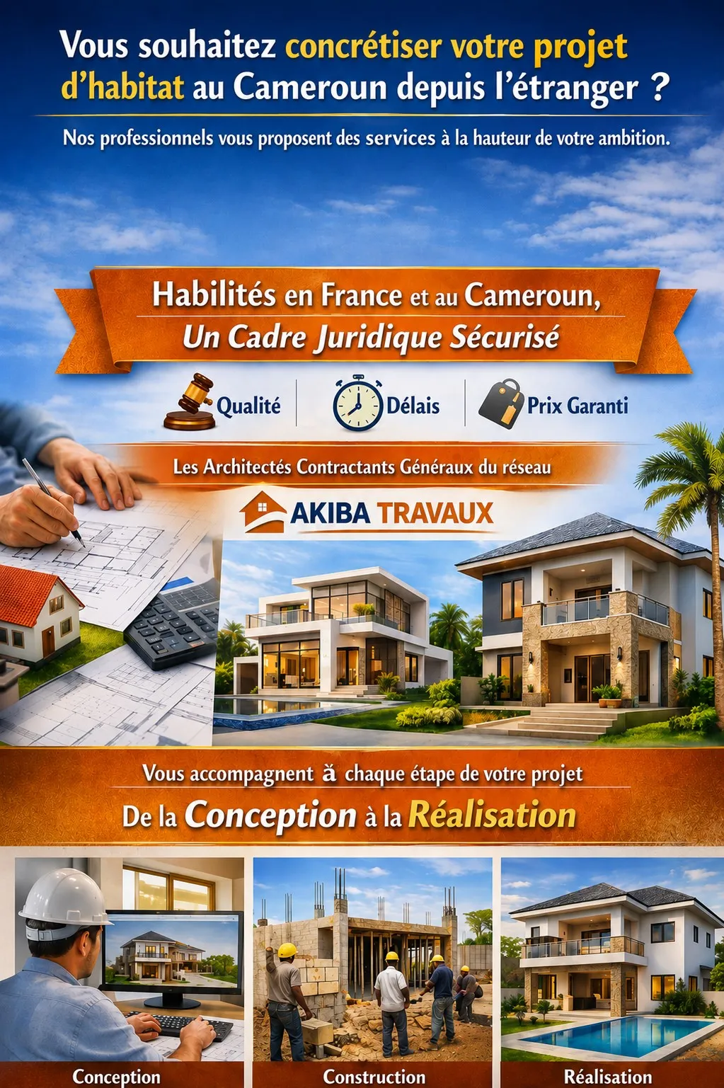 AKIBA-TRAVAUX — Concrétisez votre projet d'habitat au Cameroun depuis l'étranger. Habilités en France et au Cameroun, un cadre juridique sécurisé : qualité, délais et prix garanti. Les architectes contractants généraux du réseau vous accompagnent de la conception à la réalisation.