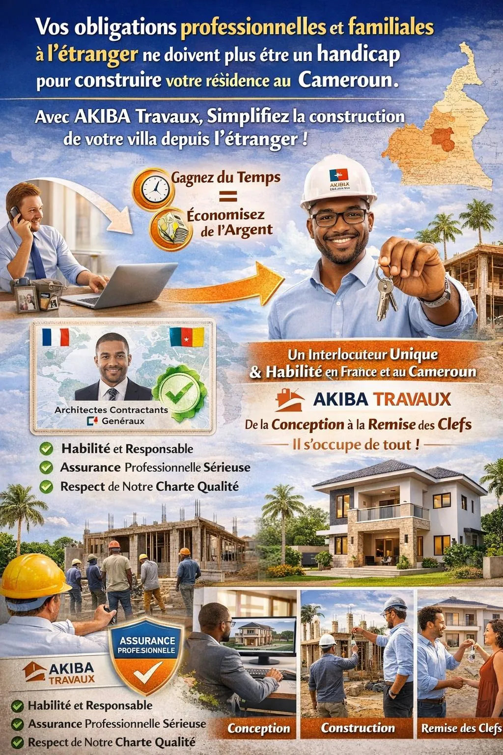 Vos obligations professionnelles et familiales à l'étranger ne doivent plus être un handicap pour construire votre résidence au Cameroun. Avec AKIBA-TRAVAUX, un interlocuteur unique habilité en France et au Cameroun s'occupe de tout, de la conception à la remise des clefs : gagnez du temps, économisez de l'argent.