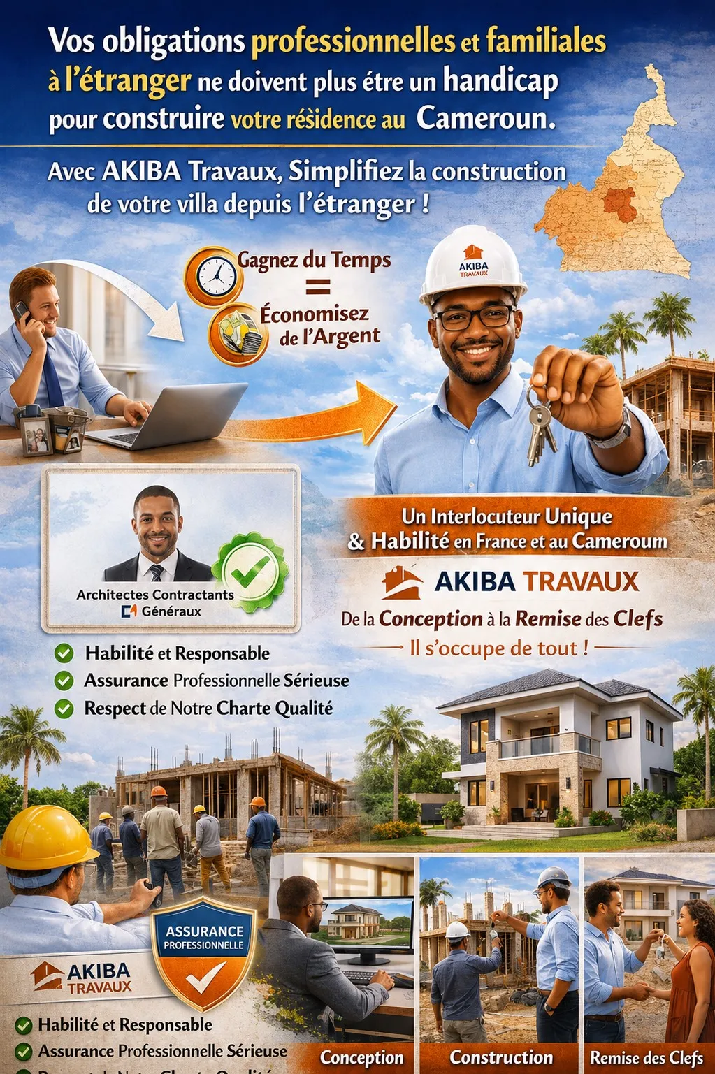 Vos obligations professionnelles et familiales à l'étranger ne doivent plus être un handicap pour construire votre résidence au Cameroun. Avec AKIBA-TRAVAUX, un interlocuteur unique habilité en France et au Cameroun s'occupe de tout, de la conception à la remise des clefs : gagnez du temps, économisez de l'argent.