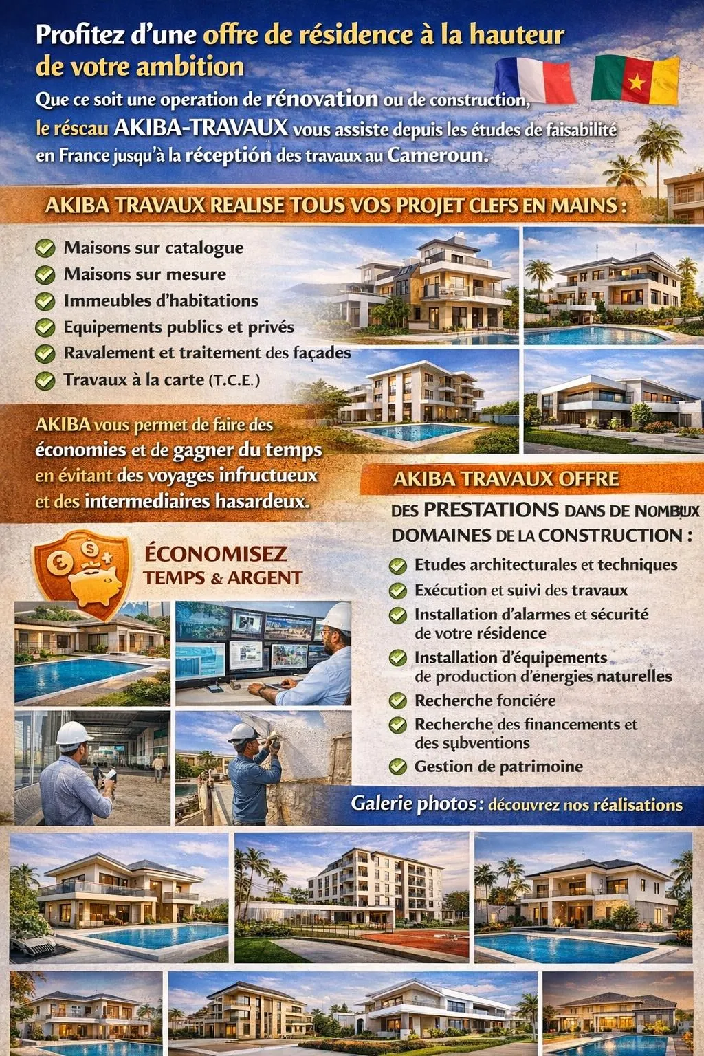 AKIBA-TRAVAUX réalise tous vos projets clés en main : maisons sur catalogue ou sur-mesure, immeubles d'habitation, équipements publics et privés, ravalement de façades, travaux à la carte. Prestations : études, exécution et suivi, sécurité, énergies naturelles, recherche foncière, financement, gestion de patrimoine.