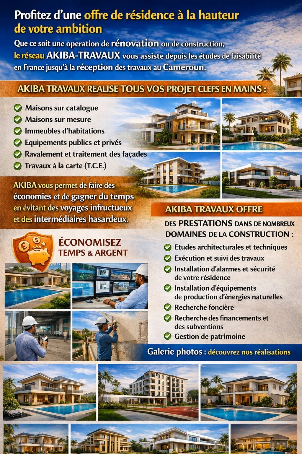 AKIBA-TRAVAUX réalise tous vos projets clés en main : maisons sur catalogue ou sur-mesure, immeubles d'habitation, équipements publics et privés, ravalement de façades, travaux à la carte. Prestations : études, exécution et suivi, sécurité, énergies naturelles, recherche foncière, financement, gestion de patrimoine.