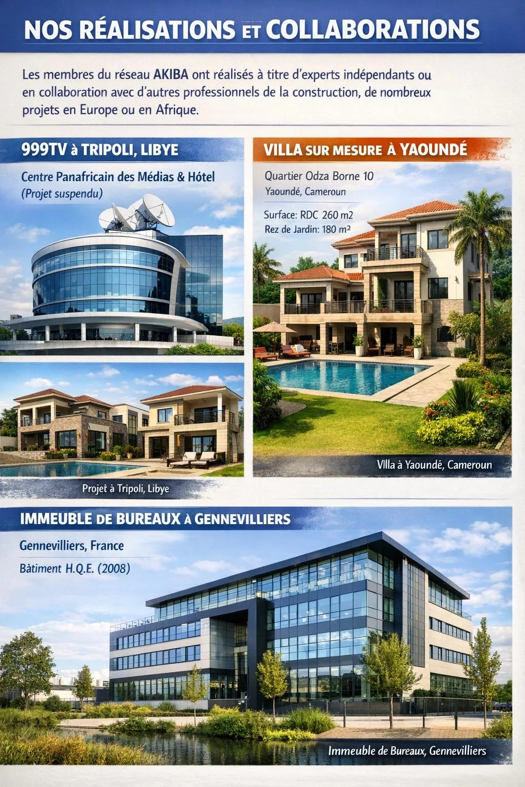 Nos réalisations et collaborations : 999 TV à Tripoli (centre panafricain des médias et hôtel, projet suspendu), villa sur-mesure à Yaoundé (quartier Odza, 260 m² au RDC et 180 m² au niveau jardin), immeuble de bureaux HQE à Gennevilliers construit en 2008.